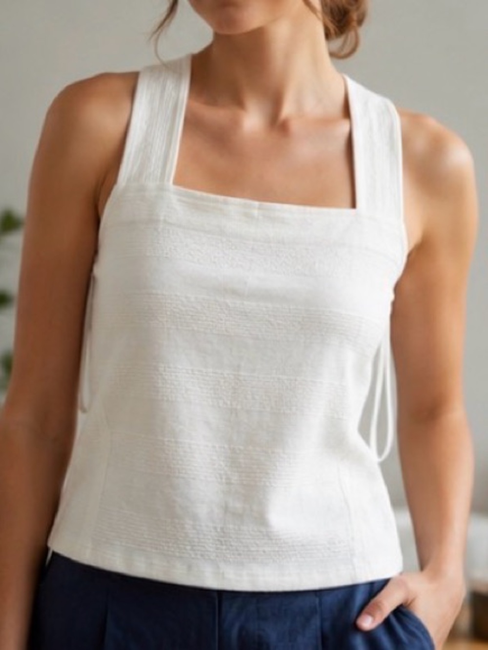 Maeve by Anthropologie White Textured Square Neck Tank Top Size L X Back 0497
